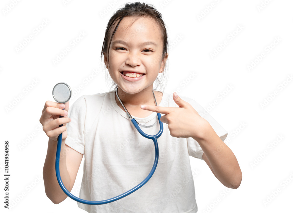 A young girl is holding a stethoscope and pointing to her chest A young girl is holding a stethoscope and pointing to her chest