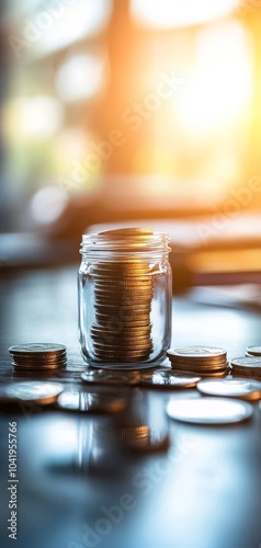 Glass jar filled with coins, focus on savings concept, warm light background.