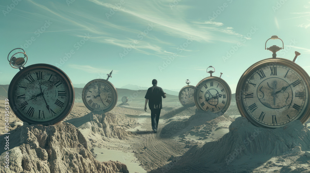 A surreal portrait of a person walking through a desert of clocks, each ticking at different speeds, representing the distortion of time