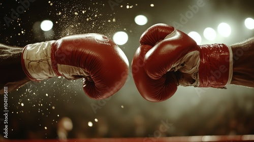 A close-up of two boxers exchanging punches, their gloved hands colliding with force, intensity and motion captured in high-definition, while the softly blurred crowd and lights offer clear copy space photo