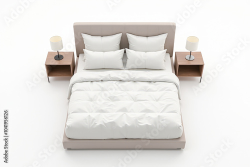 bright double bed with bedside tables on a white background top view