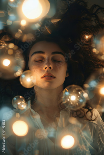 A surreal portrait where the subject is surrounded by floating, glowing orbs, creating an ethereal, otherworldly atmosphere