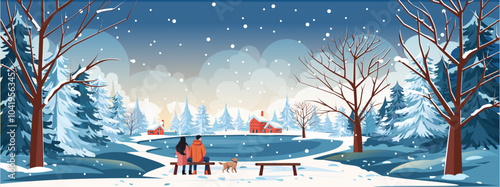 Winter Vocation background with houses Christmas tree inspired winter landscape
