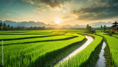 Stunning Sunset Over Lush Rice Paddies and Mountain Landscape