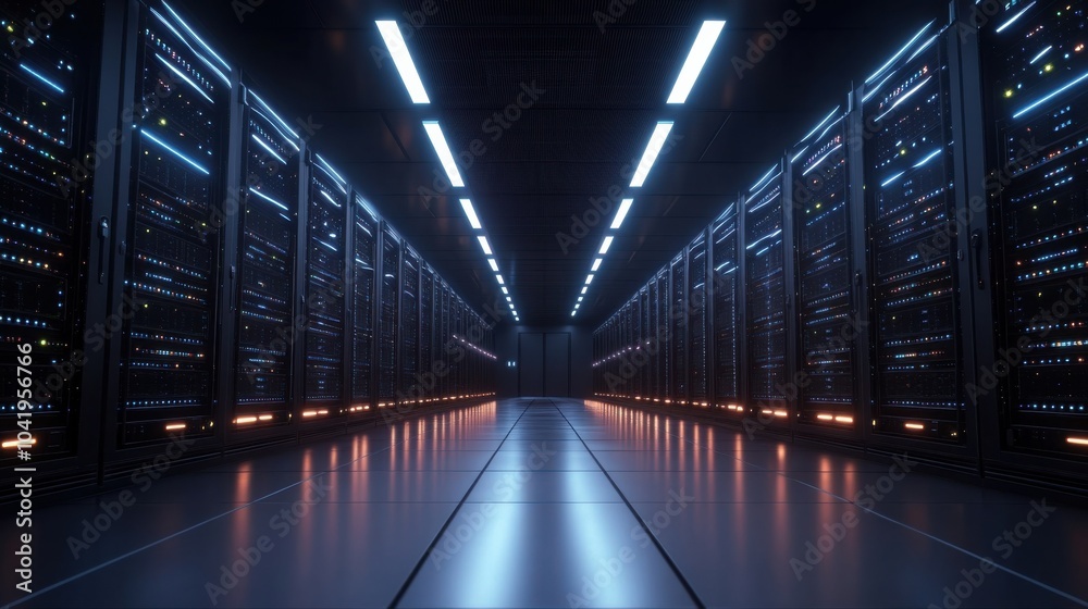 Fototapeta premium A sleek, modern data center with rows of servers and glowing LEDs, clean and organized setup with a futuristic touch