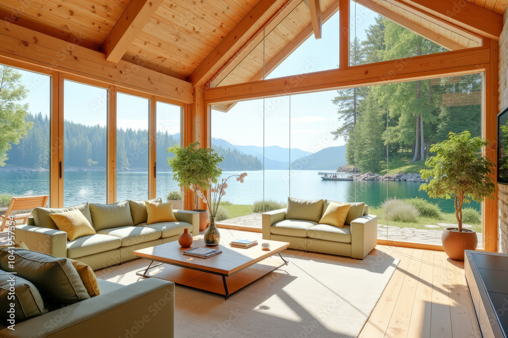 Obraz premium spacious bright living room in the chalet with large panoramic windows,, lake view