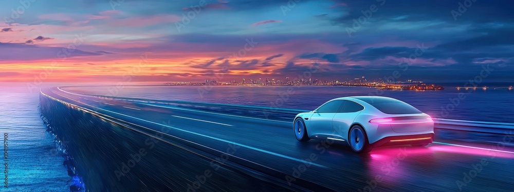 Obraz premium A car is driving down a road with a city in the background