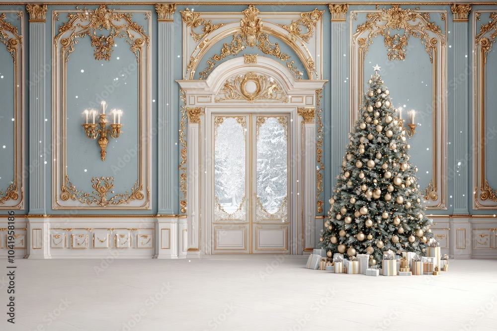 Elegant Festive Interior with Christmas Tree and Snowy Atmosphere in Luxurious Setting