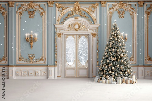 Elegant Festive Interior with Christmas Tree and Snowy Atmosphere in Luxurious Setting