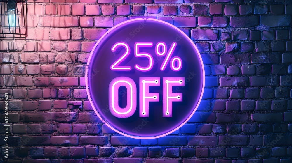 Purple Neon '25% OFF' Sign on a Brick Wall Purple Neon '25% OFF' Sign on a Brick Wall