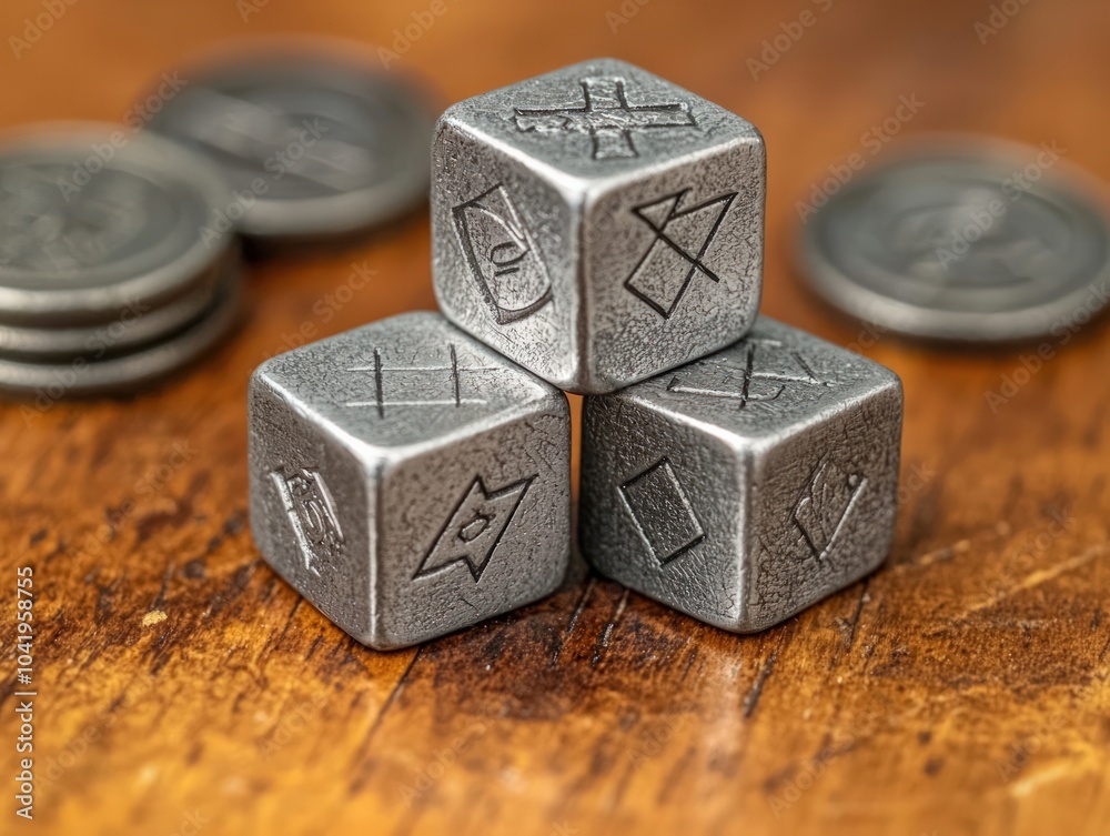 Exploring the Intricate Designs of Symbolic Gaming Dice on a Rustic Wooden Surface Exploring the Intricate Designs of Symbolic Gaming Dice on a Rustic Wooden Surface