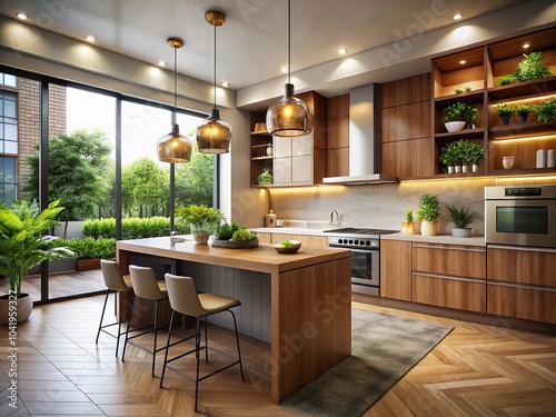 Wallpaper Mural Modern Kitchen Illustration with Wooden Cabinets and Island - Stylish Home Decor Inspiration Torontodigital.ca