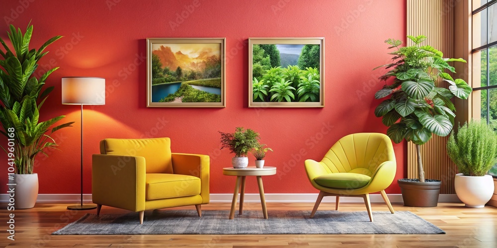 Fototapeta premium Modern Living Room with Yellow Chair, Green Plant, and Smart Speaker on Coral Wall for Contemporary Interior Design