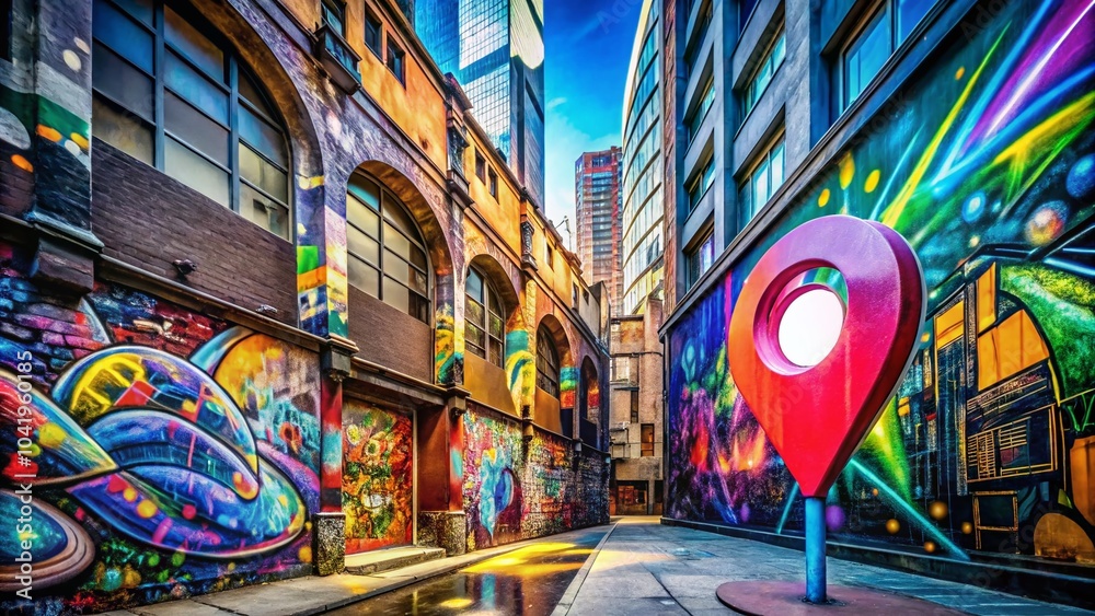 Obraz premium Modern Location Pin Call Out in Urban Exploration Photography, Showcasing Vibrant Street Art and Architecture in a