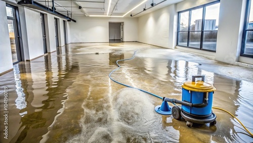 High angle view of water damaged floor with water extraction equipment