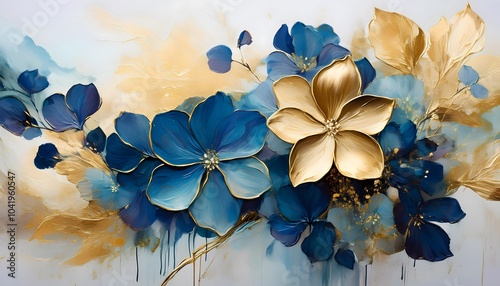 abstract floral oil painting gold and blue hydrangea flower on white background