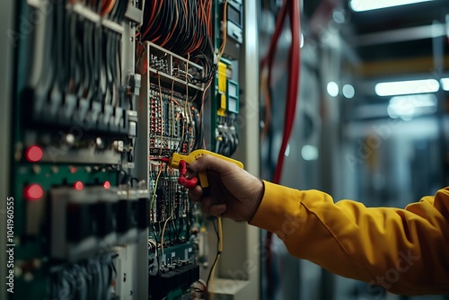 A technician in a yellow jacket is testing electrical circuits in an industrial control panel using a voltage meter. The image showcases the complexity of wiring systems, with an emphasis on precise d photo