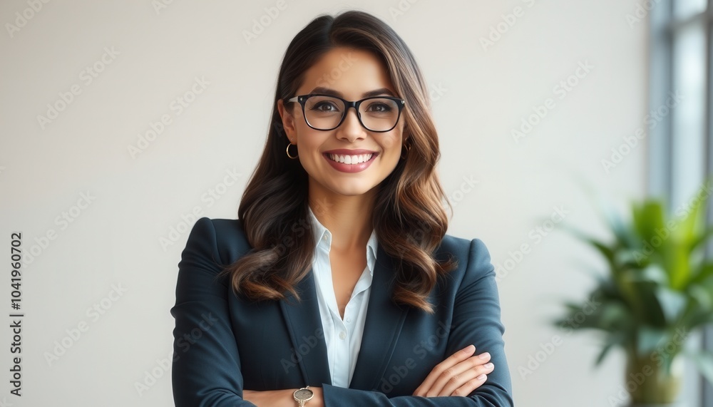 Confident woman in business attire smiling with arms crossed in a modern office environment during daytime Confident woman in business attire smiling with arms crossed in a modern office environment during daytime