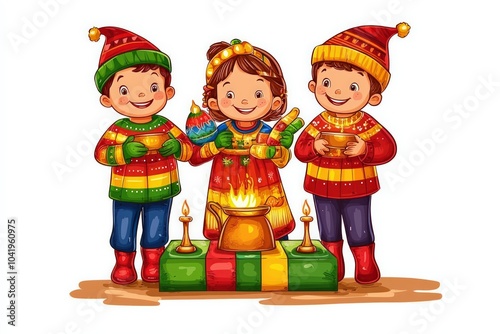 Three Joyful Children Celebrating a Colorful Festival with Bright Decorations and Festive Attire