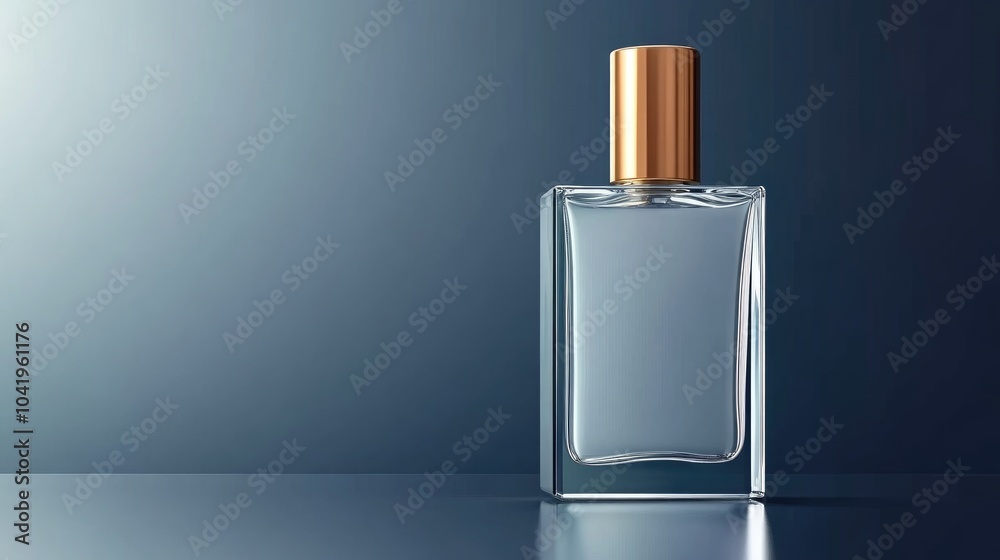 Glass Perfume Bottle with Golden Cap on Blue Background, Minimalist Design and Elegant Style Glass Perfume Bottle with Golden Cap on Blue Background, Minimalist Design and Elegant Style