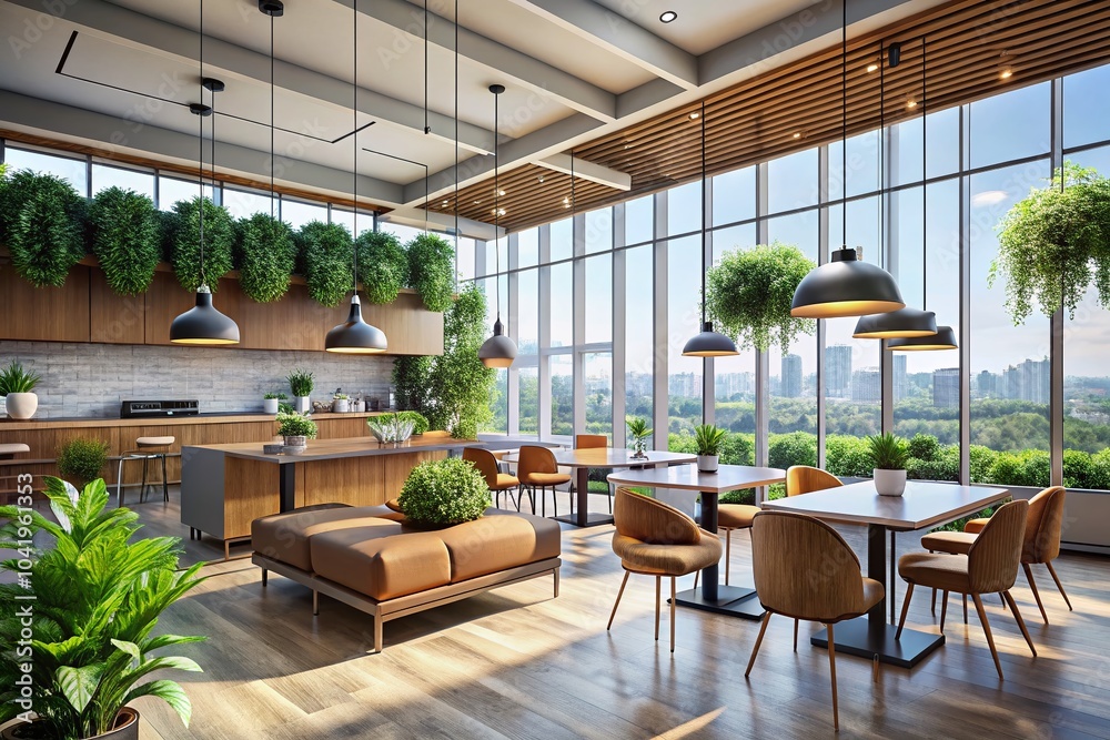 Fototapeta premium Modern Office Cafeteria with Large Windows and Contemporary Design for a Bright Work Environment
