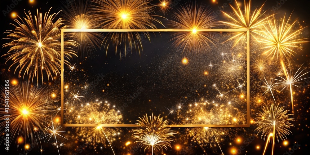 Naklejka premium Festive Golden Frame with Fireworks Background