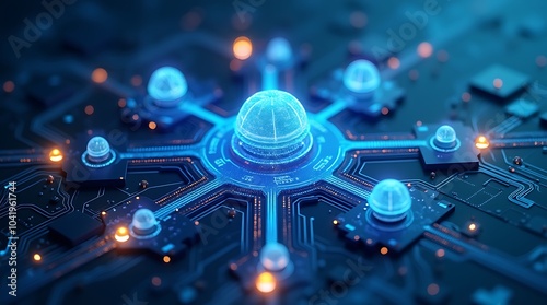 Isometric Illustration of a Centralized Data Hub with Interconnected Nodes, Circuits, and Glowing Lines, Representing Efficient Data Flow and Advanced Network Infrastructure