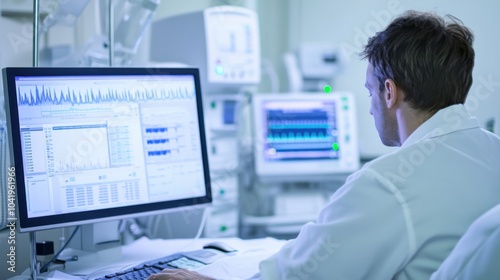 A sleep specialist reviewing sleep study results on a computer screen in a sleep clinic, with polysomnography equipment and data charts visible, Analytical style photo
