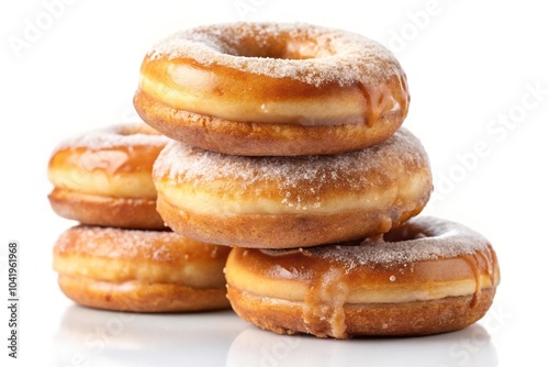 Delicious cinnamon donuts with sugary glaze on white background