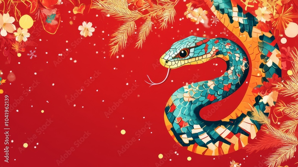 New Year. An illustration of a greeting card with a snake, the symbol of the year 2025 in oriental style New Year. An illustration of a greeting card with a snake, the symbol of the year 2025 in oriental style
