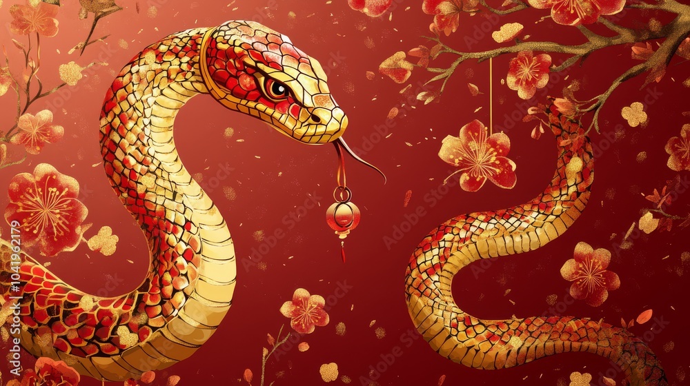 Obraz premium New Year. An illustration of a greeting card with a snake, the symbol of the year 2025 in oriental style