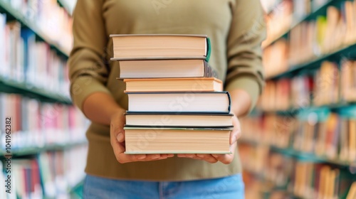 Librarian organizing books on a shelf in a library for efficient cataloging and research. photo