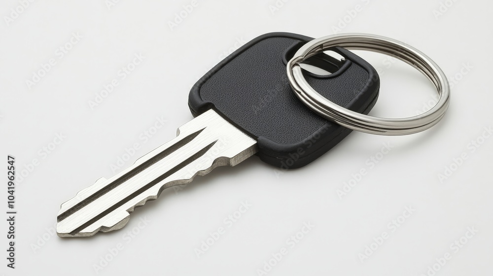 Shiny Metal Keys with Black Keychain on White Background Shiny Metal Keys with Black Keychain on White Background