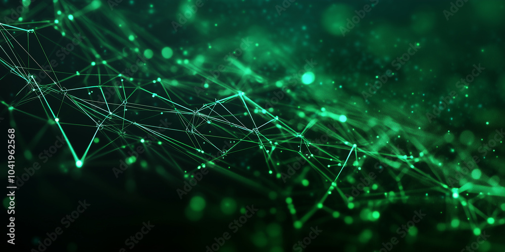 A high-tech polygonal green wallpaper, featuring lines and particles that form a complex, interconnected network, evoking the themes of futuristic digital technology and data trans