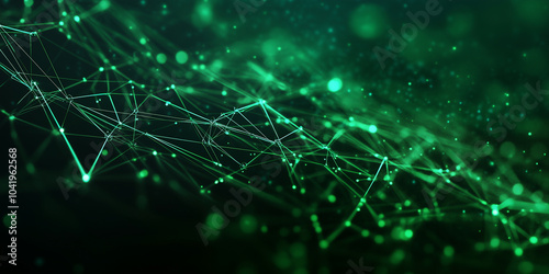 A high-tech polygonal green wallpaper, featuring lines and particles that form a complex, interconnected network, evoking the themes of futuristic digital technology and data trans