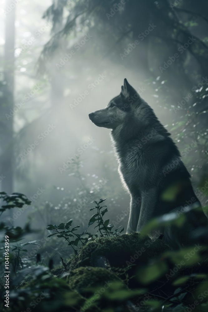 Norwegian Elkhound in Misty Forest: A Majestic Canine Portrait for Nature-Themed Art