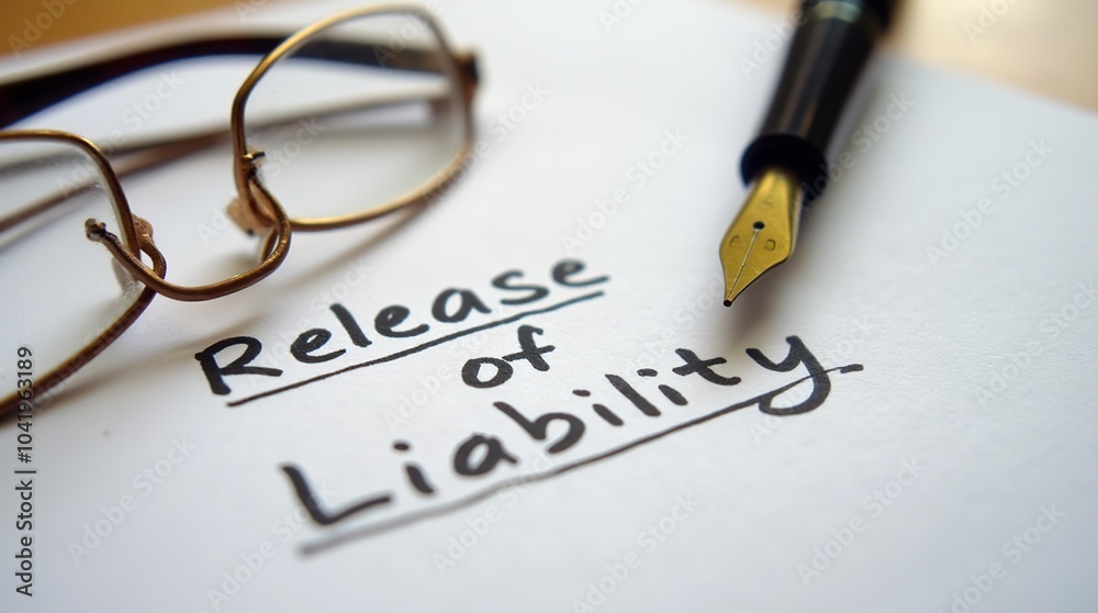 Release of liability document with fountain pen and glasses Release of liability document with fountain pen and glasses