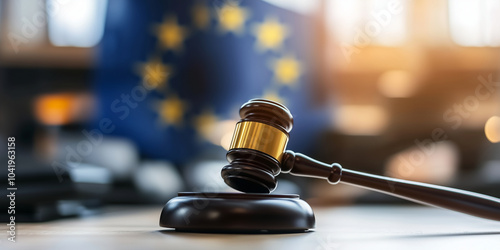 The European Union flag waving in the background, with a close-up of a wooden gavel, evoking the themes of legal authority, justice, and the power of law within the EU.