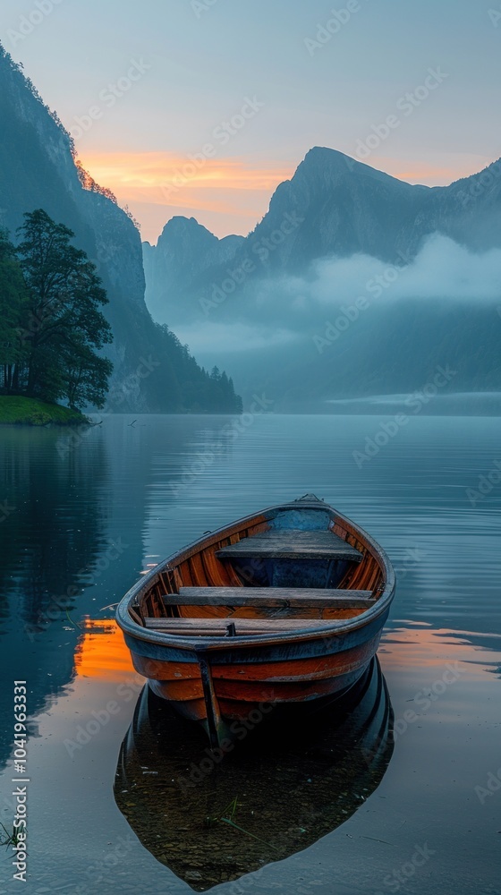 Fototapeta premium Serene dusk: a lone boat on a tranquil lake amidst misty mountains.