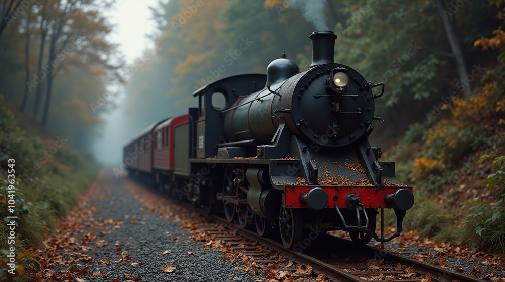Fototapeta premium Vintage steam train traveling through a scenic autumn forest