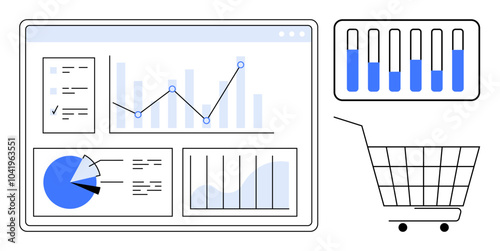 Digital interface showing multiple charts and graphs, including bar charts, line graphs, pie chart, and a shopping cart icon. Ideal for data analysis, e-commerce, business intelligence, market