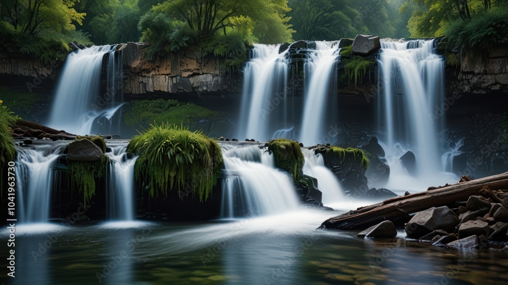 Fototapeta premium a beauty of a cascading waterfall surrounded by lush greenery. The water falls from a great height, creating a powerful and mesmerizing spectacle.