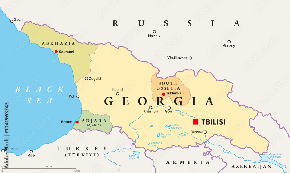 Fototapeta premium Georgia with capital Tbilisi, political map. Country in Eastern Europe and West Asia, part of Caucasus region. With autonomous republics of Abkhazia and Adjara, and independent region South Ossetia.