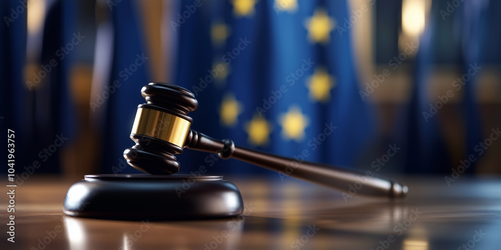 A wooden gavel lies in sharp focus on a polished courtroom desk, with the European Union flag providing a soft, flowing backdrop, symbolizing justice, law, and the EU legal system. A wooden gavel lies in sharp focus on a polished courtroom desk, with the European Union flag providing a soft, flowing backdrop, symbolizing justice, law, and the EU legal system.