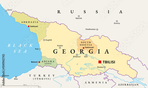 Georgia with capital Tbilisi, political map. Country in Eastern Europe and West Asia, part of Caucasus region. With autonomous republics of Abkhazia and Adjara, and independent region South Ossetia.