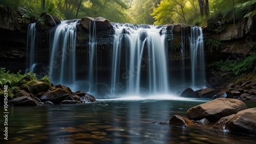 a beauty of a cascading waterfall surrounded by lush greenery. The water falls from a great height, creating a powerful and mesmerizing spectacle.