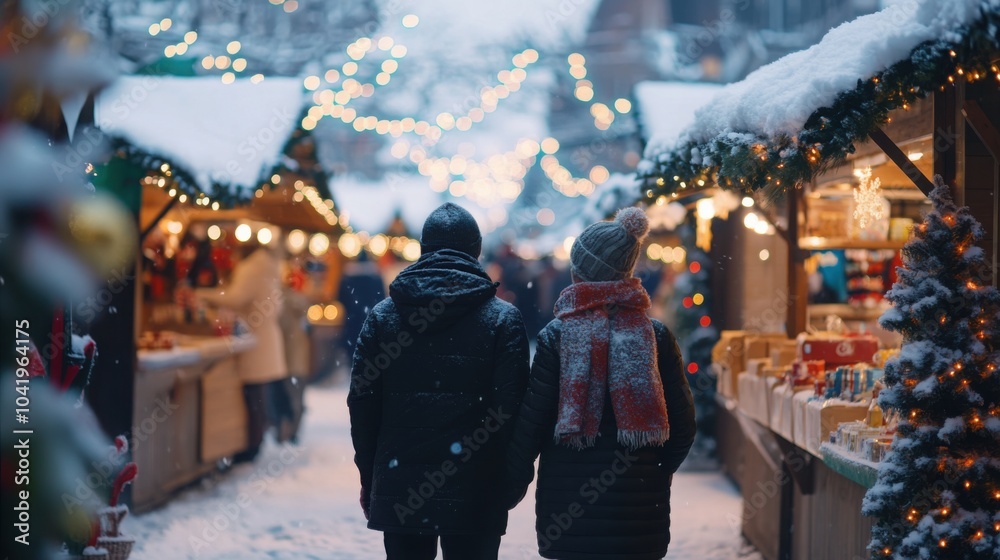 Shoppers in cozy scarves walking through snow-dusted market stalls lit up with multicolored lights. Shoppers in cozy scarves walking through snow-dusted market stalls lit up with multicolored lights.