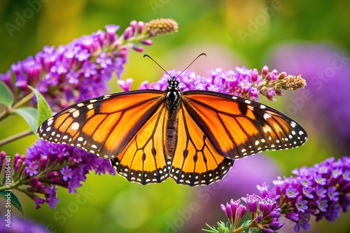 Monarch butterfly on butterfly bush flowers high angle view