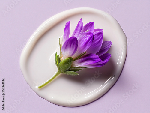 Bakuchiol Flower (Psoralea corylifolia) Resting on a Circular Cream Swatch – A Retinol Alternative for Skincare photo