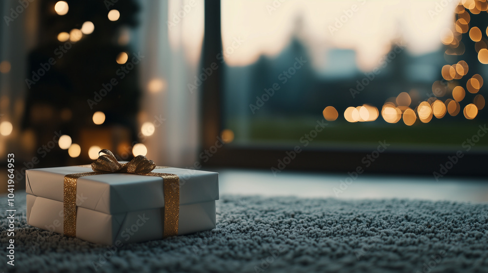 Beautifully wrapped white and gold gifts rest on a soft rug, surrounded by glowing bokeh lights and the gentle light from a blurred window, creating a cozy and luxurious holiday at Beautifully wrapped white and gold gifts rest on a soft rug, surrounded by glowing bokeh lights and the gentle light from a blurred window, creating a cozy and luxurious holiday at